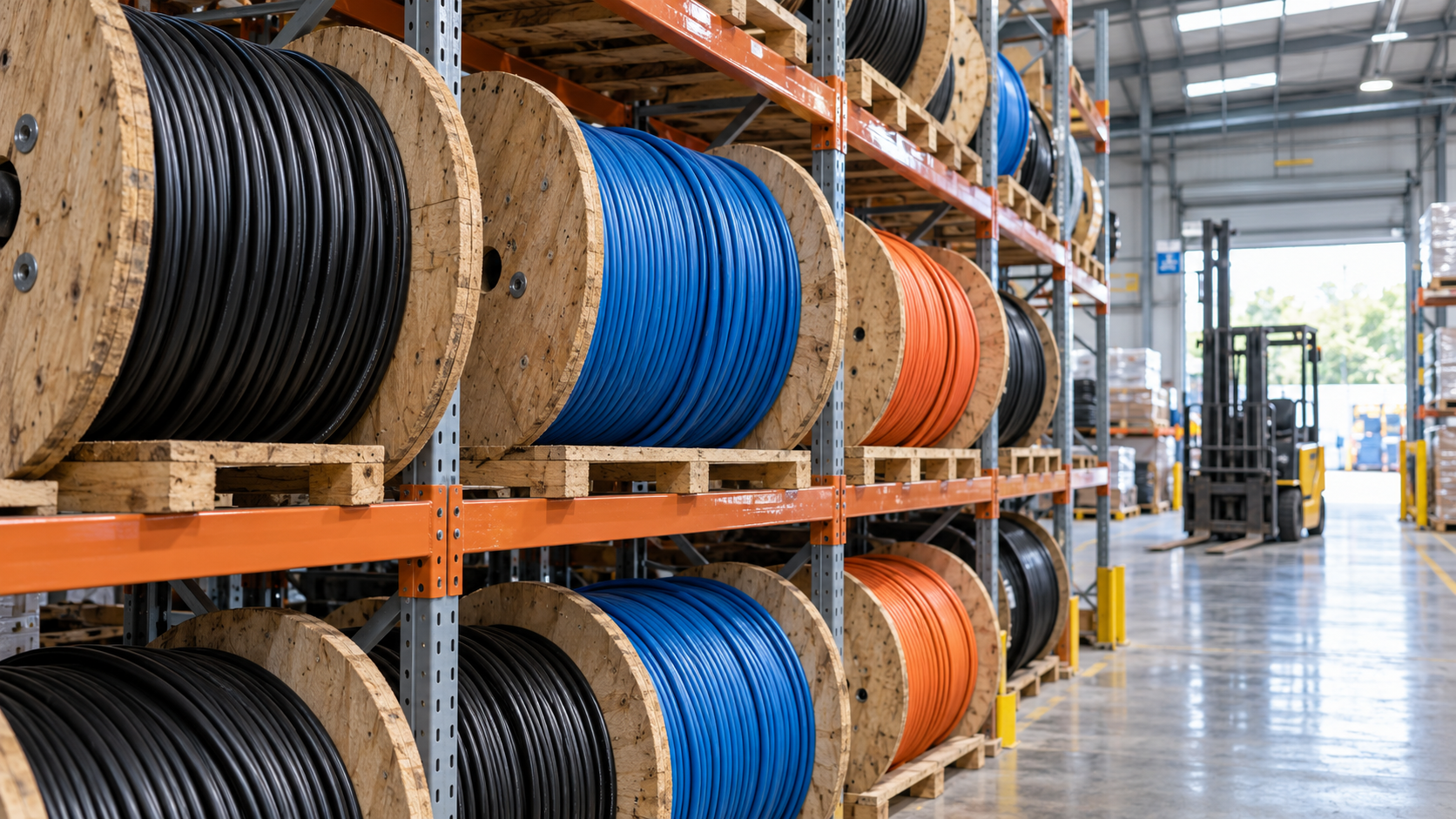 Cable drums stored on warehouse racking